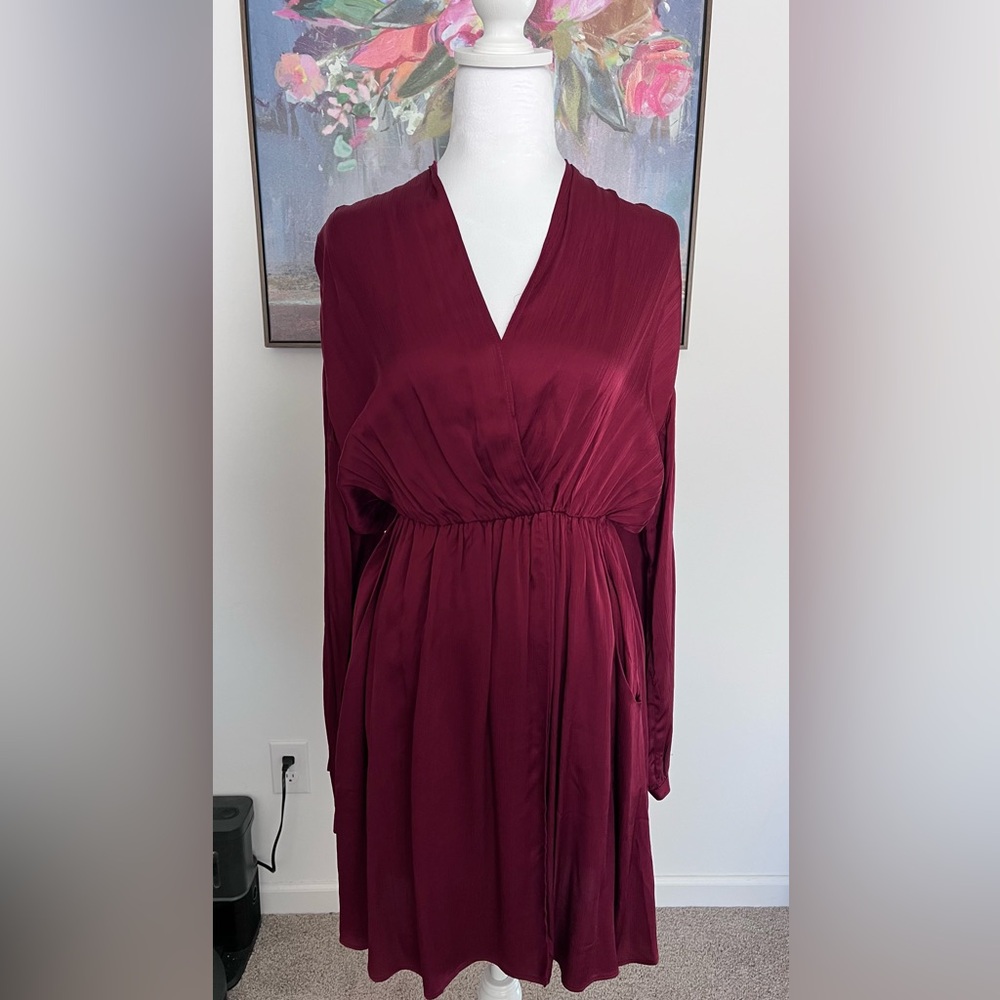 Mango Long Sleeve V-Neck Dress in Burgundy
